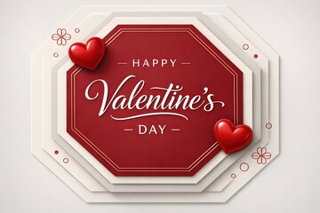 Valentines Day greeting card with red octagon label and layered paper frame