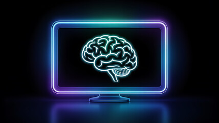 A glowing computer monitor displays a neon outline of a human brain highlighting the intersection of technology and intelligence