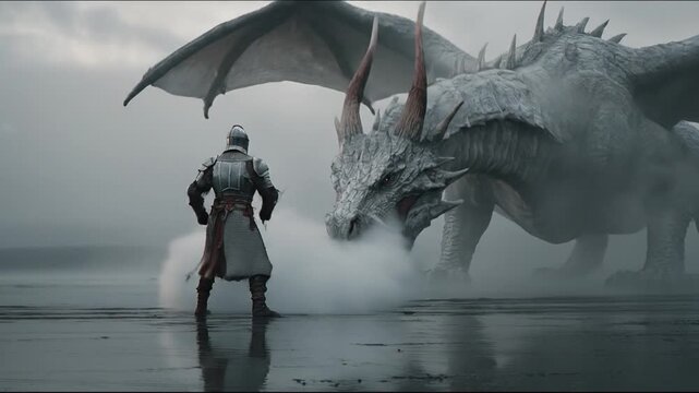 A knight in armor wields a sword against a massive dragon on a stormy day