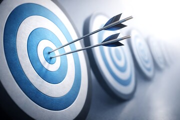 Multiple Arrows Hitting the Center of Blue Bullseye Targets Representing Success Accuracy and Goal Achievement