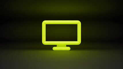 A vibrant neon yellow monitor icon glows against a dark background showcasing a minimalist digital display design