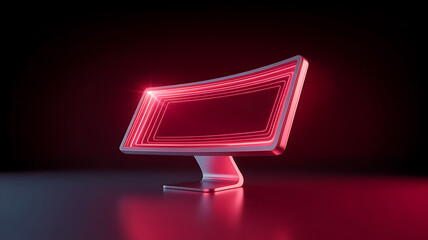 A striking futuristic computer monitor glows with intense red neon light set against a dark reflective background