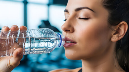 A woman refreshing herself with a bottle of water after workout session. A close up on her face showing the hydration moment