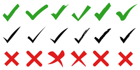 vector illustration of an arrow. Brush, marker drawn green check mark and red cross icon set Collection of hand drawn doodle tick symbol