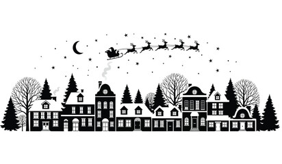 a serene black and white illustration depicts a quaint winter cityscape with santa and his reindeer soaring across the night sky above © Thysl2000