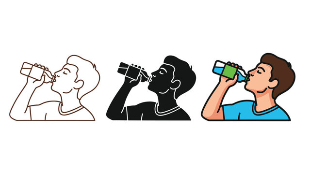 Set of three cartoon illustrations showing a young man drinking water from a bottle in line art silhouette and color versions for various design needs