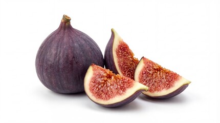 Fresh purple figs whole and sliced with vibrant red pulp on a clean white background