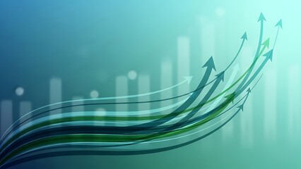 A vibrant graphic illustration of rising arrows and bars in shades of blue and green
