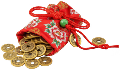 Red silk pouch overflowing with antique Chinese feng shui coins and jade beads