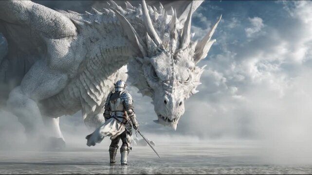 A knight in armor stands facing a massive white dragon on a foggy ground with a stormy sky in the background