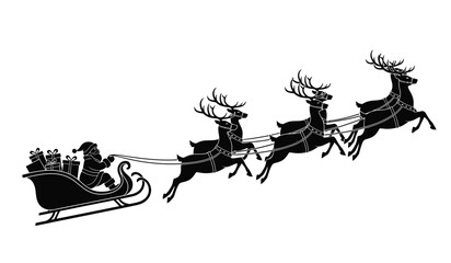 a silhouette depicts santa claus joyfully riding in his sleigh pulled by nine reindeer across a blank background high quality professional