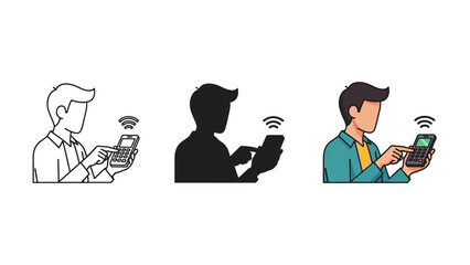 Collection of three distinct stylistic representations showing a person interacting with a mobile device emitting a wireless signal indicating connectivity or data transmission