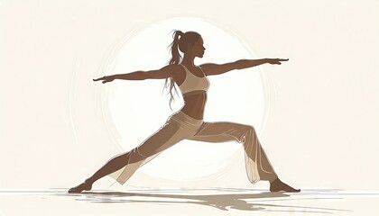 Simplistic illustration of a woman yogi practicing yoga. She is in warrior pose