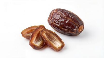 Obraz premium Close-up of whole and halved dried dates on a pristine white background, a sweet healthy fruit
