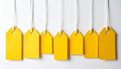 Seven identical yellow tags with white strings aligned horizontally on a white background, creating a clean, symmetrical, minimalist visual.