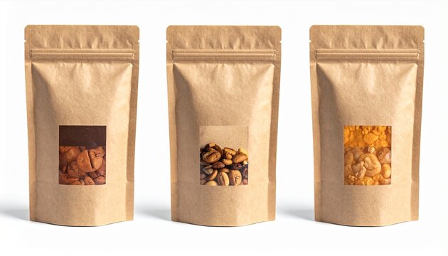 Three kraft paper pouches with clear windows showcasing granola, coffee beans, and trail mix&mdash;eco-friendly packaging with visible contents ideal for dry food product presentation.