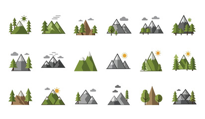a collection of flat design mountain and tree icons displaying various landscapes and natural elements perfect for travel or nature themes © Thysl2000