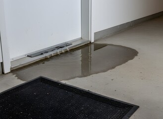 Door Sill with Water Puddle on Concrete Floor Symbolizing Water Intrusion, Maintenance, Waterproofing, Safety