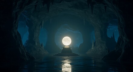 a glowing orb on pedestal in dark cave with water and rocky walls and formations