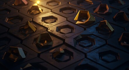 Closeup of metallic tiles with hexagonal holes and small pyramids on surface