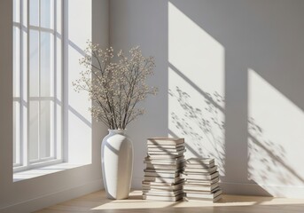 Bright Minimalist Window Nook With Books And White Branches Vase
