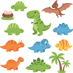 Cute colorful cartoon dinosaur set with various species, baby dinos, eggs, and prehistoric plants in playful style © MstTanzila