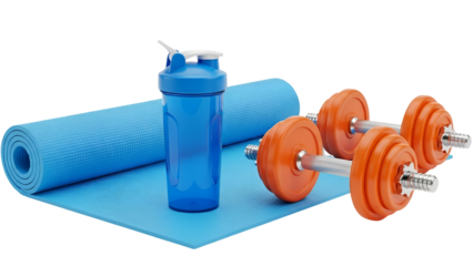 Blue yoga mat with dumbbells and water bottle on black background