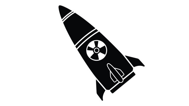 A stark black silhouette of a missile with prominent fins and a nuclear symbol