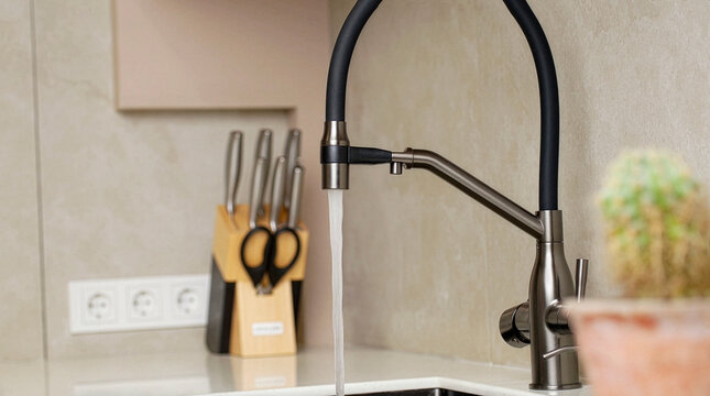 Close up of running water from modern kitchen faucet in home interior. Concept of clean water, hygiene, daily household routine, water consumption and modern lifestyle. Minimalist kitchen background.