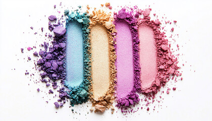 Crushed colorful eyeshadow makeup powder in rainbow gradient stains