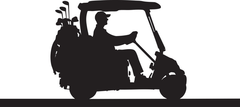 Silhouette of golfer riding golf cart with clubs on back golf clubs black and white 1