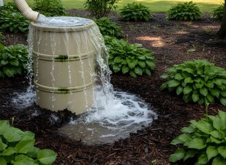 Overflowing Rain Barrel with Downspout Symbolizing Runoff and Home Drainage Issues, Landscaping, Plumbing, Diy