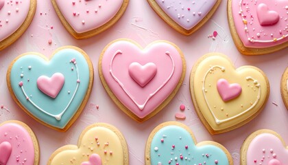 Valentine sugar cookies, heart shapes, pastel icing, clean overhead composition
