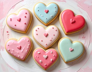 Valentine sugar cookies, heart shapes, pastel icing, clean overhead composition