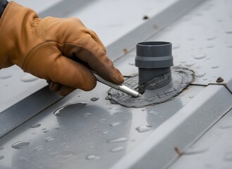 Roof Vent Repair with Work Glove and Cracked Sealant Symbolizing Leak Prevention, Roofing, Construction, Maintenance