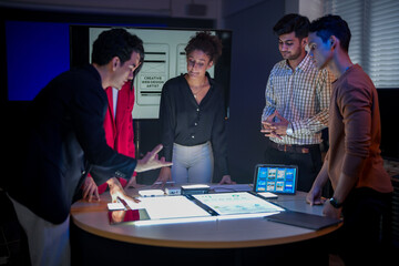 Creative UI/UX design team analyzing mobile app wireframes on illuminated digital touch table. Diverse developers brainstorming web layout strategy in modern high-tech office at night.