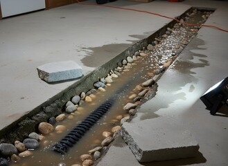 Basement Trench Drain with Corrugated Pipe and Gravel Symbolizing Leak Control, Construction, Waterproofing, Plumbing