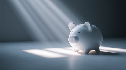 Piggy bank standing on a floor with light beams illuminating from above with copy space
