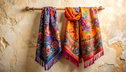 Colorful patterned scarf with floral and paisley designs—orange, red, purple, blue—hanging on hook against textured beige wall.