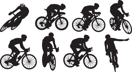 Obraz premium Silhouettes of cyclists riding bicycles in various positions on a white background black