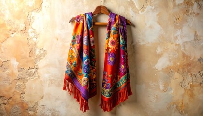 Colorful patterned scarf with floral and paisley designs—orange, red, purple, blue—hanging on hook against textured beige wall.