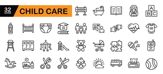 Child Care Icons Set with Baby and Kid Related Symbols Keywords: child care, baby, kid, children