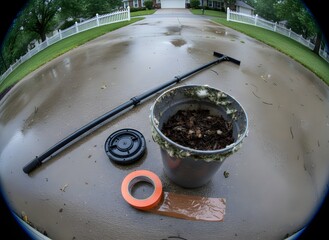 Driveway Cleaning Tools with Wet Pavement and Debris Bucket Symbolizing Property Maintenance, Cleaning Services, Diy