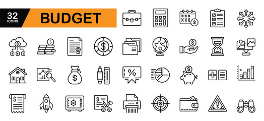 Budget and Finance Icons Set with Financial Planning Symbols Keywords: budget, finance, money