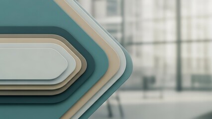 A stack of colorful layered panels in a modern office setting with a blurred background