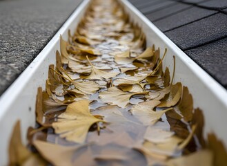 Gutter Filled with Wet Ginkgo Leaves Symbolizing Autumn Season, Leaf Maintenance, and Rainwater Harvesting Concepts