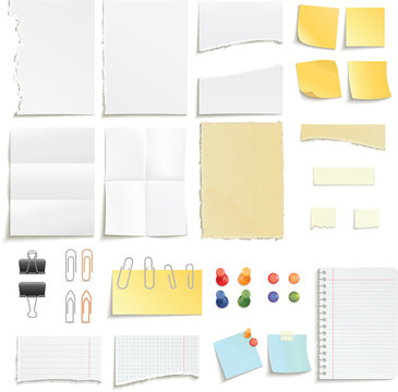Collection of scattered paper pieces stationery and colorful office supplies
