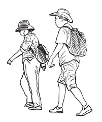 Elderly spouses couple in hats with backpacks, tourists in vacation, walking outdoors on summer day, realistic sketch, vector illustration isolated on white
