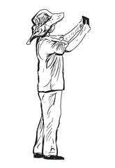 One tourist person in hat photographing on smartphone, standing outdoors, taking picture, realistic outline hand drawn vector illustration isolated on white