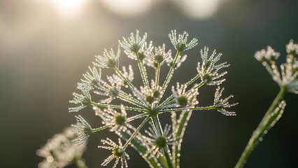 A close-up of a delicate flower covered in dew drops in a natural outdoor setting